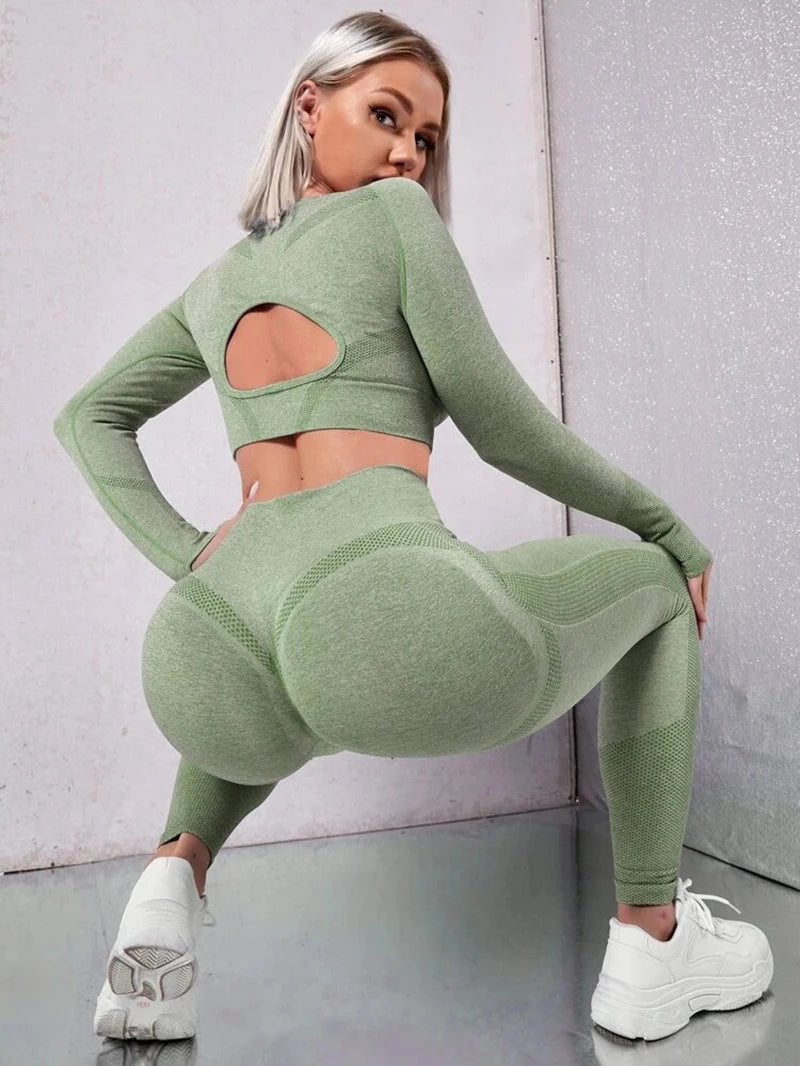 Exclusivité - Nouveaux ensembles Yoga Wear sans couture pour femmes, ensemble de sport, dos ajouré, manches longues, effet galbant sur les hanches, mode fitness