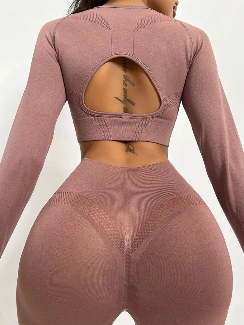 Exclusivité - Nouveaux ensembles Yoga Wear sans couture pour femmes, ensemble de sport, dos ajouré, manches longues, effet galbant sur les hanches, mode fitness