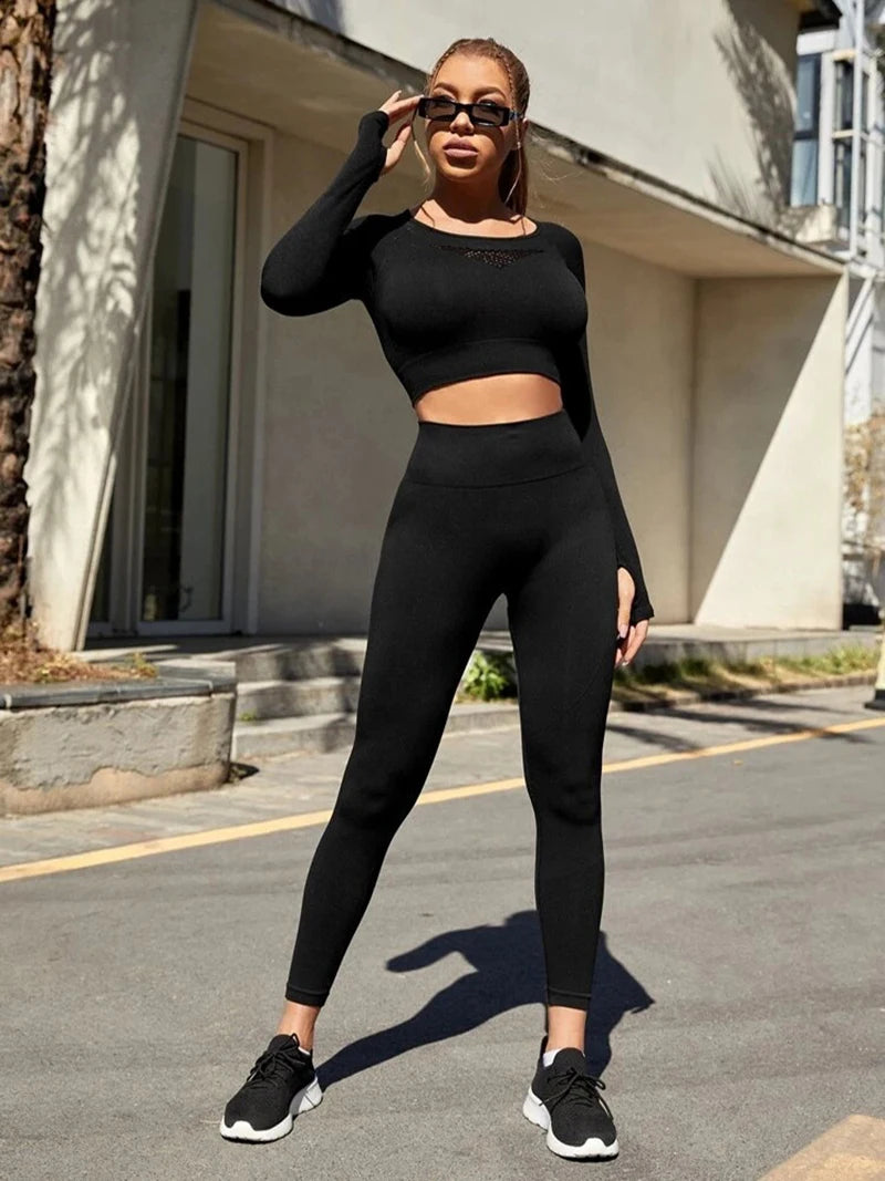 Exclusivité - Nouveaux ensembles Yoga Wear sans couture pour femmes, ensemble de sport, dos ajouré, manches longues, effet galbant sur les hanches, mode fitness
