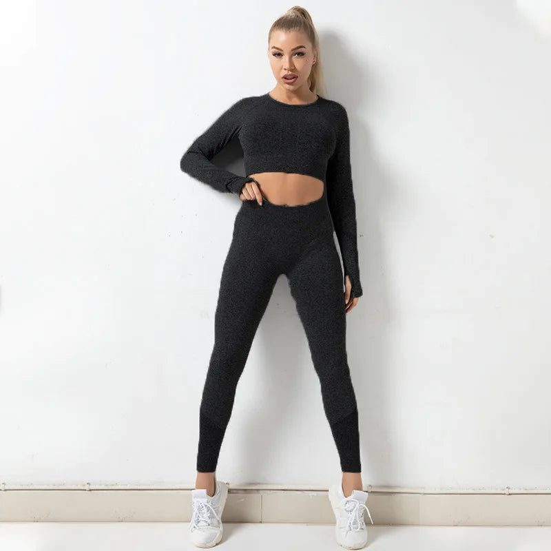 Exclusivité - Nouveaux ensembles Yoga Wear sans couture pour femmes, ensemble de sport, dos ajouré, manches longues, effet galbant sur les hanches, mode fitness