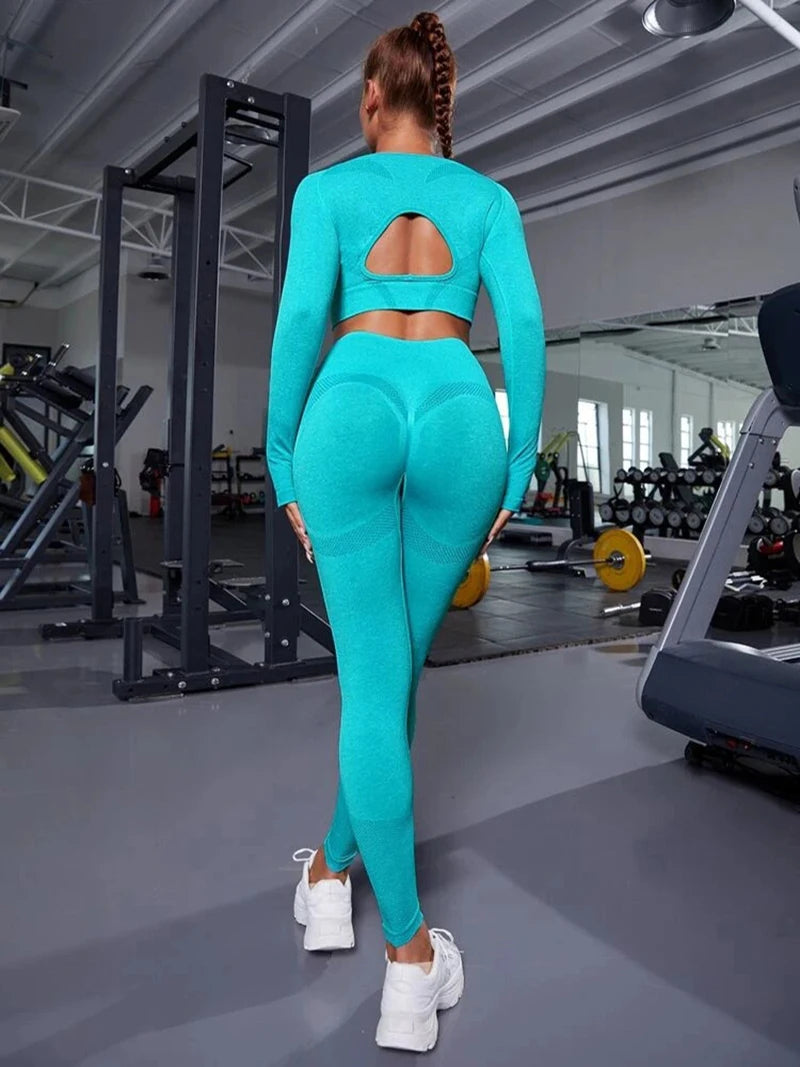 Exclusivité - Nouveaux ensembles Yoga Wear sans couture pour femmes, ensemble de sport, dos ajouré, manches longues, effet galbant sur les hanches, mode fitness