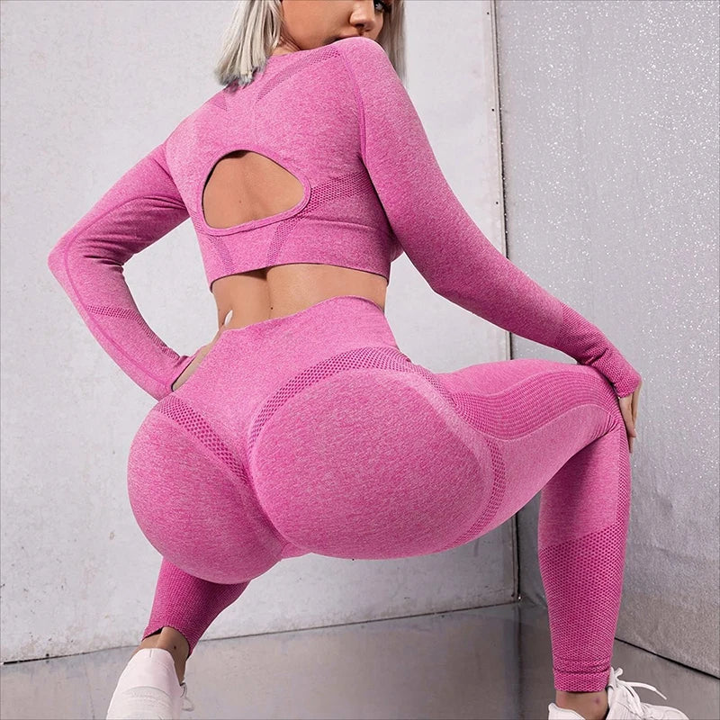 Exclusivité - Nouveaux ensembles Yoga Wear sans couture pour femmes, ensemble de sport, dos ajouré, manches longues, effet galbant sur les hanches, mode fitness