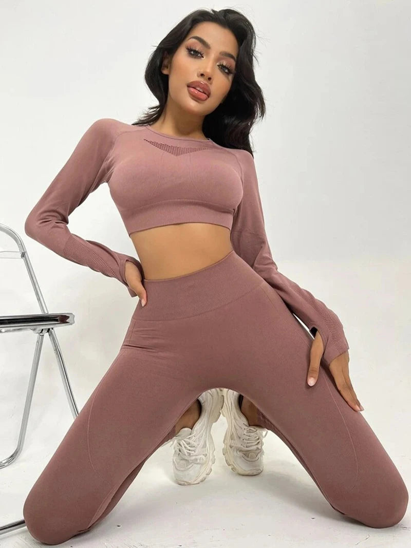 Exclusivité - Nouveaux ensembles Yoga Wear sans couture pour femmes, ensemble de sport, dos ajouré, manches longues, effet galbant sur les hanches, mode fitness