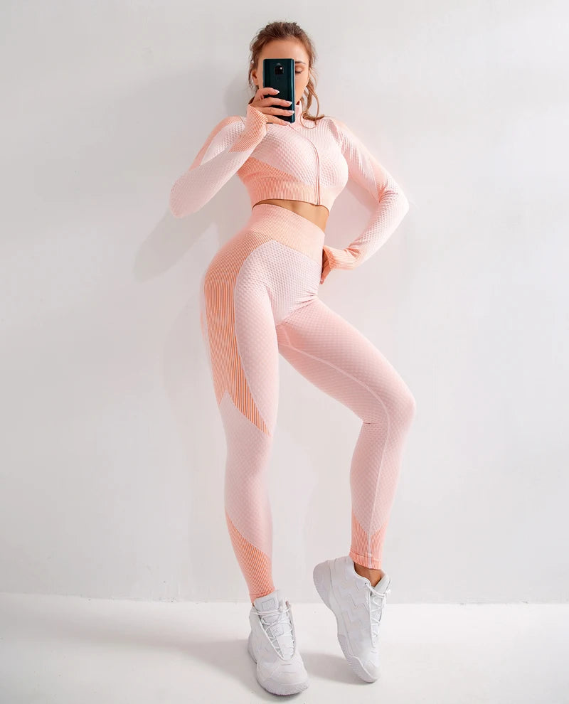 Ensemble féminin 2/3 pièces de yoga sans couture, maille, pantalon legging, vêtements avec fermeture éclair, haut court à manches longues, tenue fitness, ensemble pour salle de sport