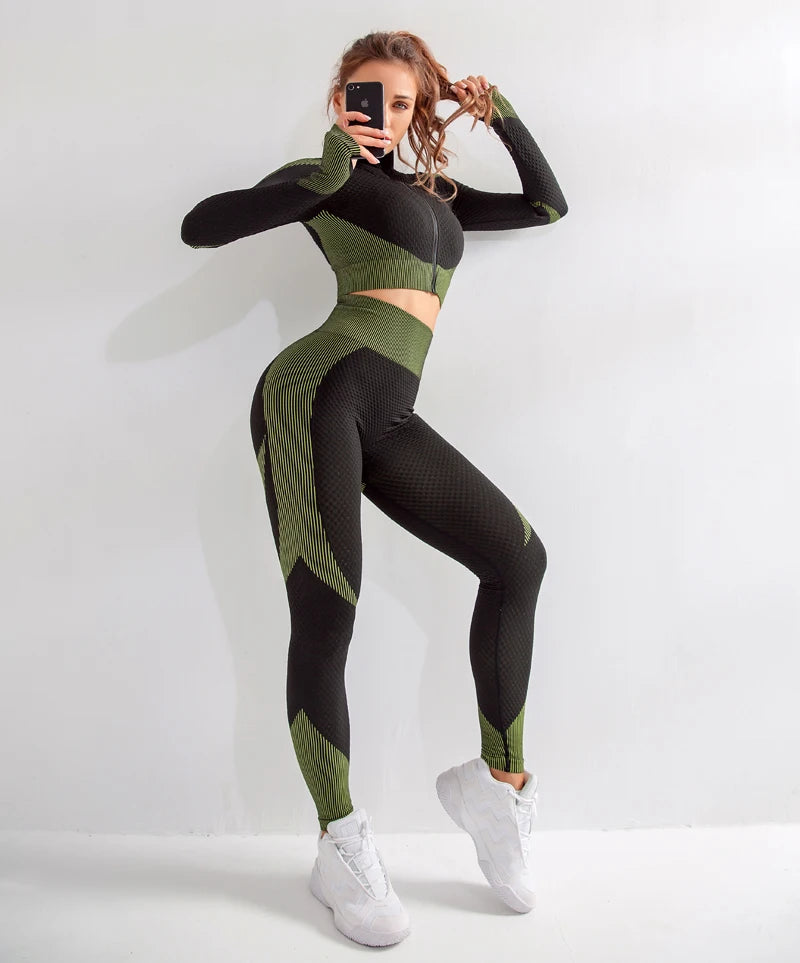 Ensemble féminin 2/3 pièces de yoga sans couture, maille, pantalon legging, vêtements avec fermeture éclair, haut court à manches longues, tenue fitness, ensemble pour salle de sport