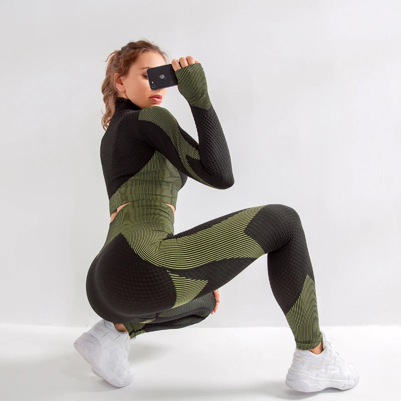 Ensemble féminin 2/3 pièces de yoga sans couture, maille, pantalon legging, vêtements avec fermeture éclair, haut court à manches longues, tenue fitness, ensemble pour salle de sport