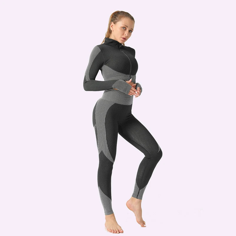 Ensemble féminin 2/3 pièces de yoga sans couture, maille, pantalon legging, vêtements avec fermeture éclair, haut court à manches longues, tenue fitness, ensemble pour salle de sport