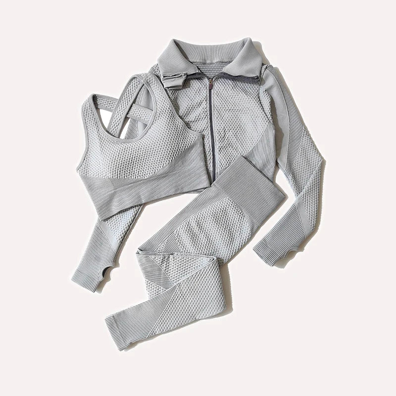 Ensemble féminin 2/3 pièces de yoga sans couture, maille, pantalon legging, vêtements avec fermeture éclair, haut court à manches longues, tenue fitness, ensemble pour salle de sport