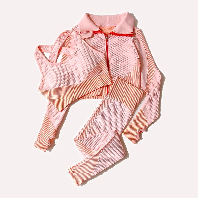 Ensemble féminin 2/3 pièces de yoga sans couture, maille, pantalon legging, vêtements avec fermeture éclair, haut court à manches longues, tenue fitness, ensemble pour salle de sport