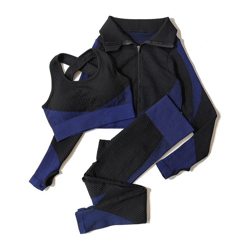 Ensemble féminin 2/3 pièces de yoga sans couture, maille, pantalon legging, vêtements avec fermeture éclair, haut court à manches longues, tenue fitness, ensemble pour salle de sport