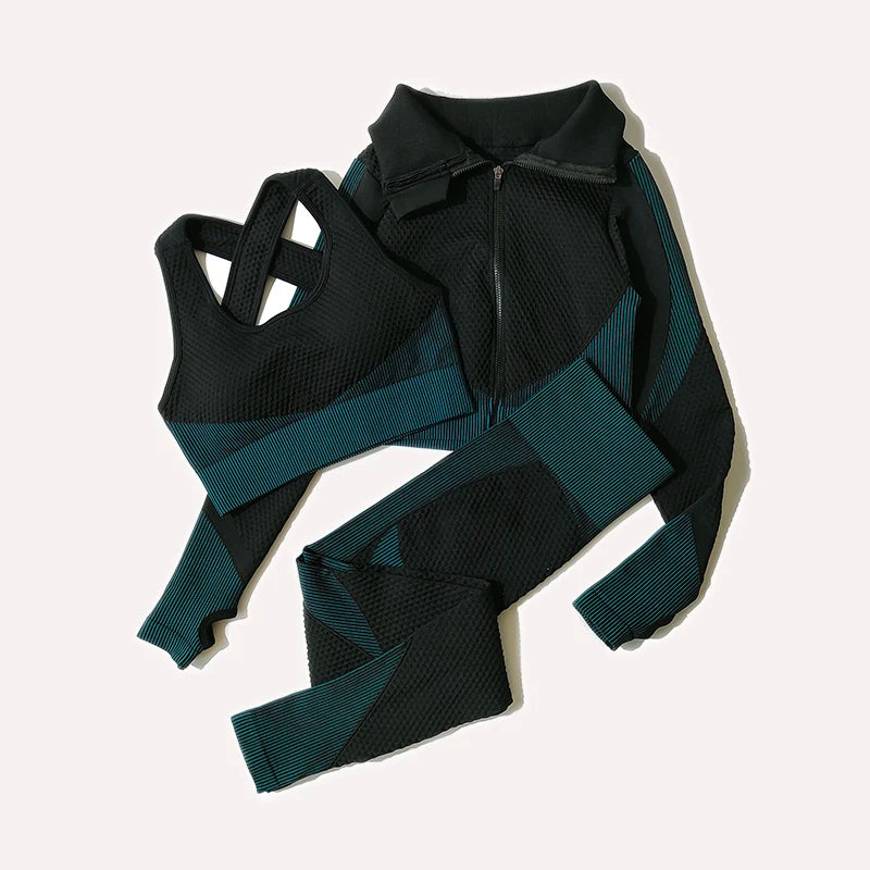 Ensemble féminin 2/3 pièces de yoga sans couture, maille, pantalon legging, vêtements avec fermeture éclair, haut court à manches longues, tenue fitness, ensemble pour salle de sport