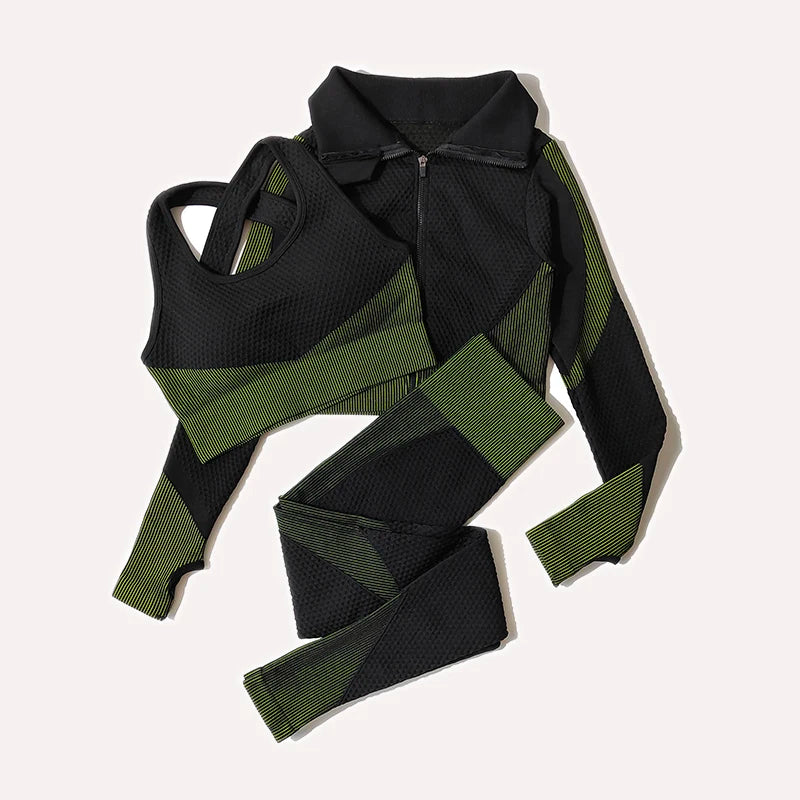 Ensemble féminin 2/3 pièces de yoga sans couture, maille, pantalon legging, vêtements avec fermeture éclair, haut court à manches longues, tenue fitness, ensemble pour salle de sport