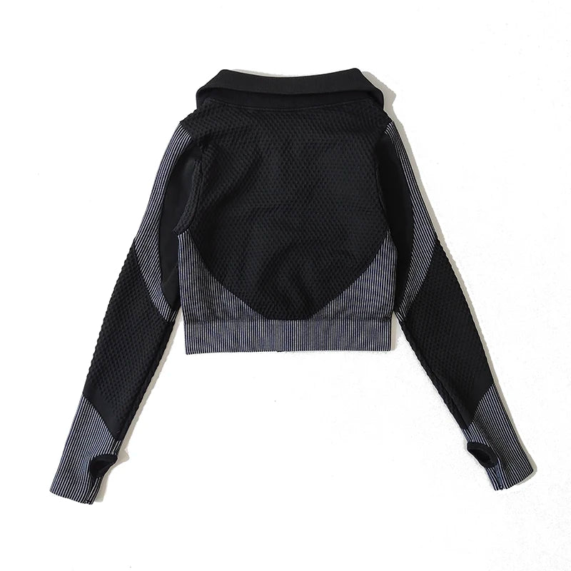 Ensemble féminin 2/3 pièces de yoga sans couture, maille, pantalon legging, vêtements avec fermeture éclair, haut court à manches longues, tenue fitness, ensemble pour salle de sport