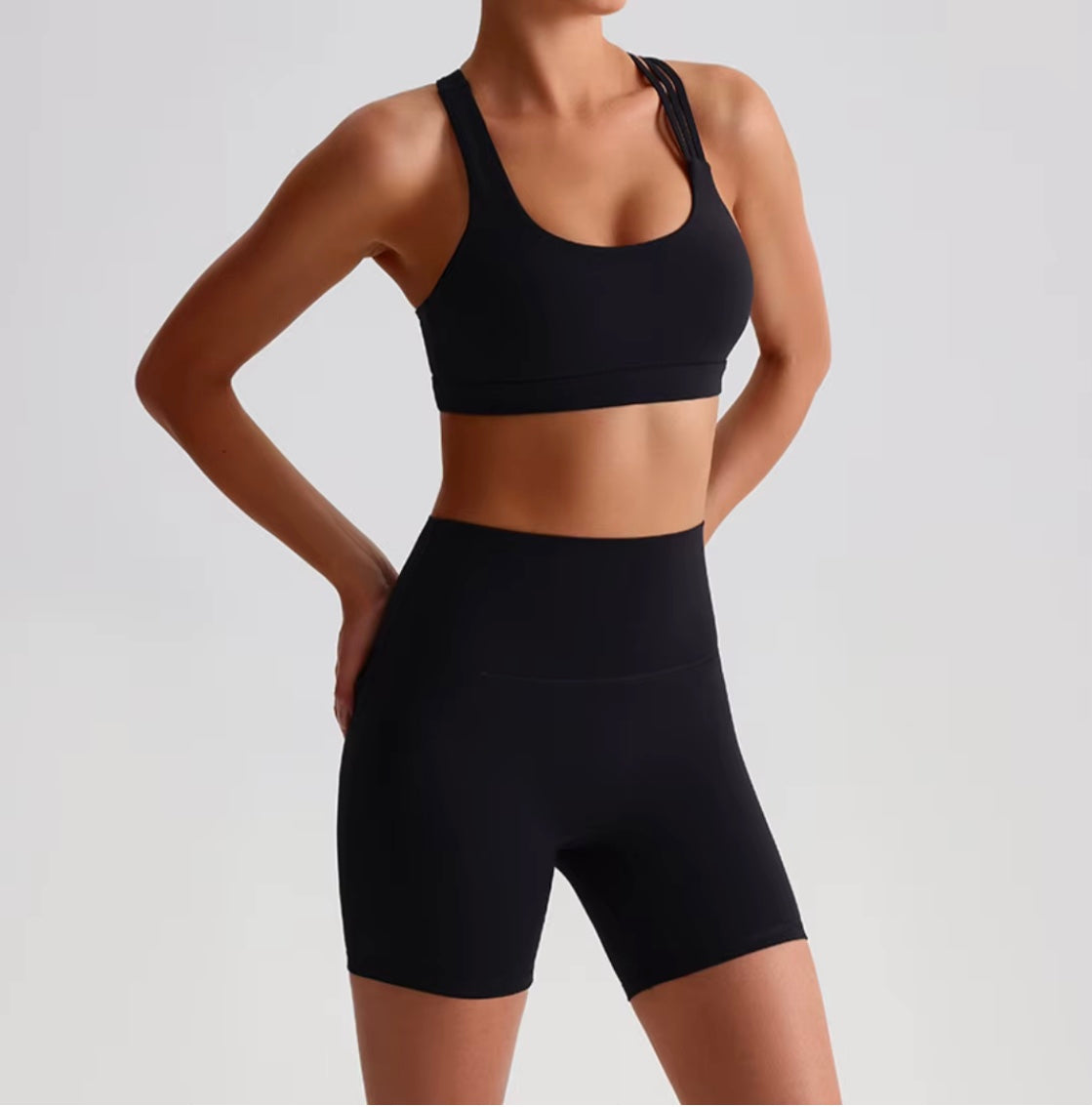 Solid Color Gym Yoga Set Short Legging Cross Back Shoulder Strap Sport Bra Tracksuit Women Suit Comprehensive Training Athletic