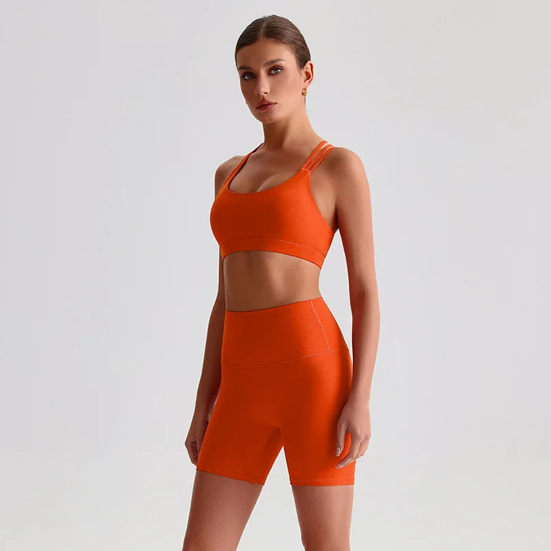 Solid Color Gym Yoga Set Short Legging Cross Back Shoulder Strap Sport Bra Tracksuit Women Suit Comprehensive Training Athletic