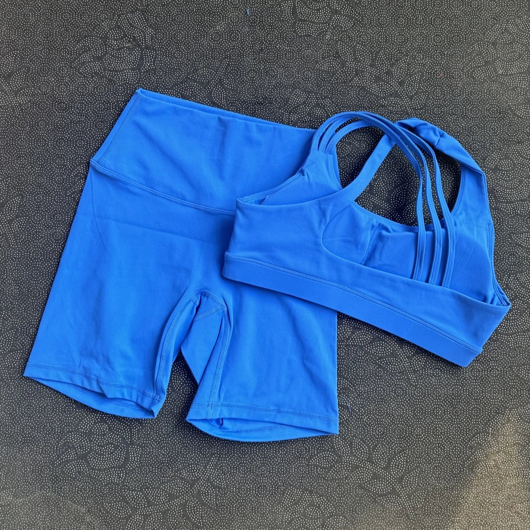 Solid Color Gym Yoga Set Short Legging Cross Back Shoulder Strap Sport Bra Tracksuit Women Suit Comprehensive Training Athletic