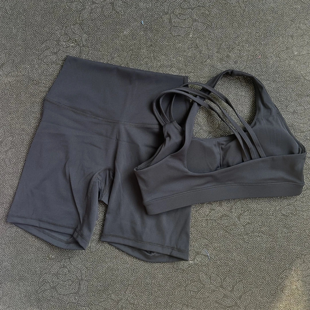 Solid Color Gym Yoga Set Short Legging Cross Back Shoulder Strap Sport Bra Tracksuit Women Suit Comprehensive Training Athletic