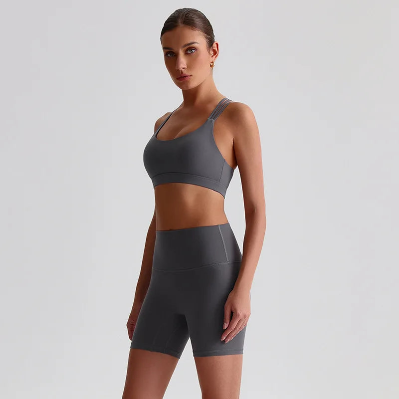 Solid Color Gym Yoga Set Short Legging Cross Back Shoulder Strap Sport Bra Tracksuit Women Suit Comprehensive Training Athletic