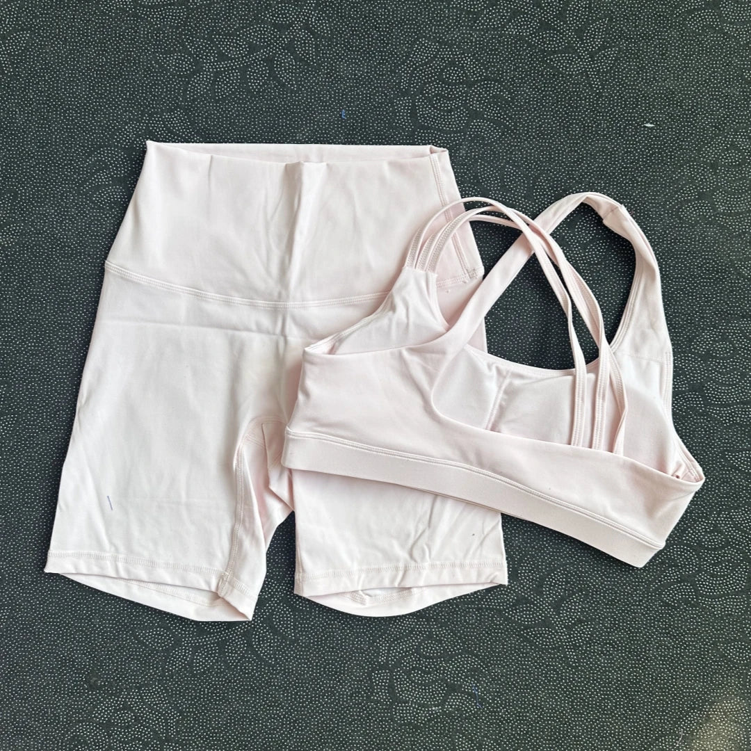 Solid Color Gym Yoga Set Short Legging Cross Back Shoulder Strap Sport Bra Tracksuit Women Suit Comprehensive Training Athletic