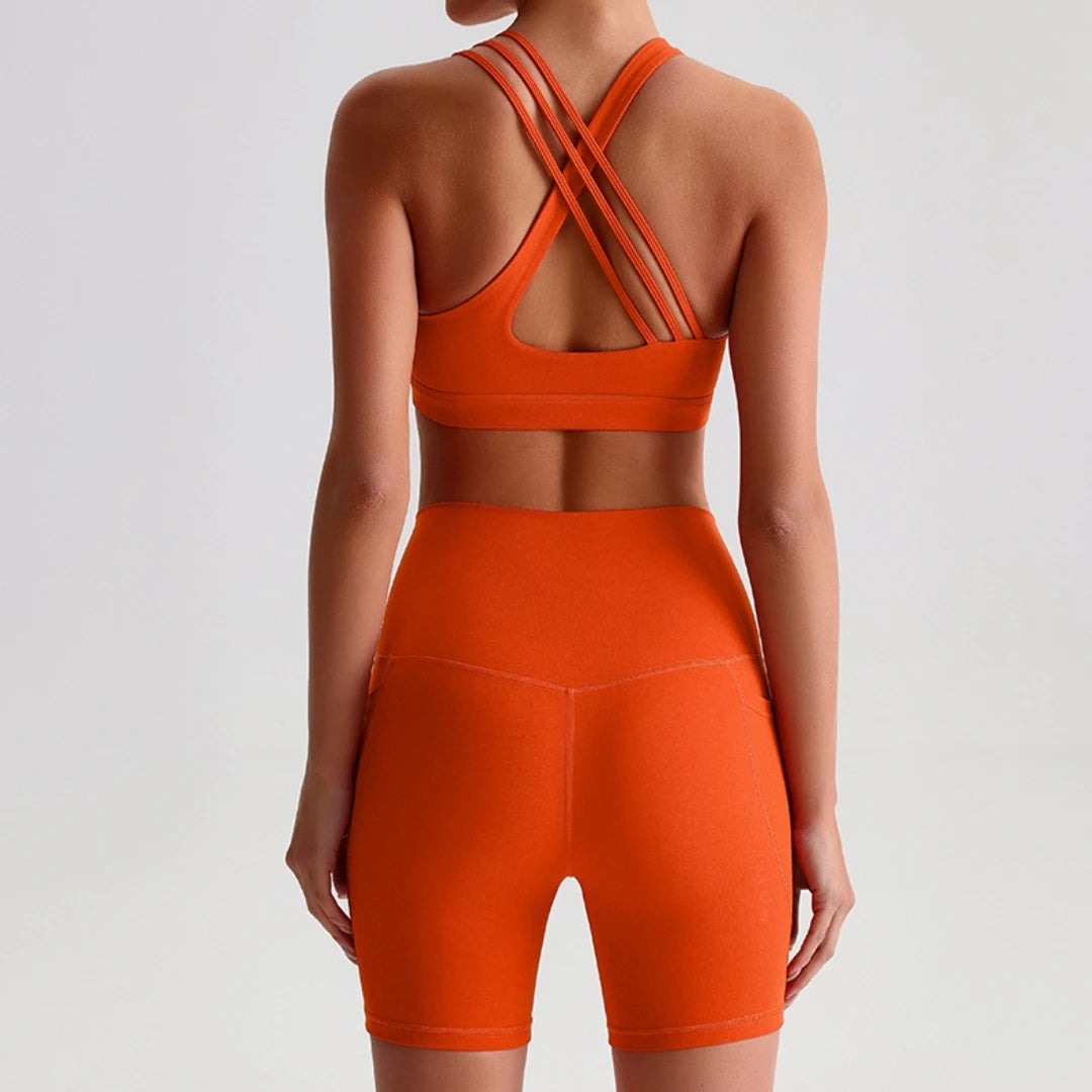 Solid Color Gym Yoga Set Short Legging Cross Back Shoulder Strap Sport Bra Tracksuit Women Suit Comprehensive Training Athletic