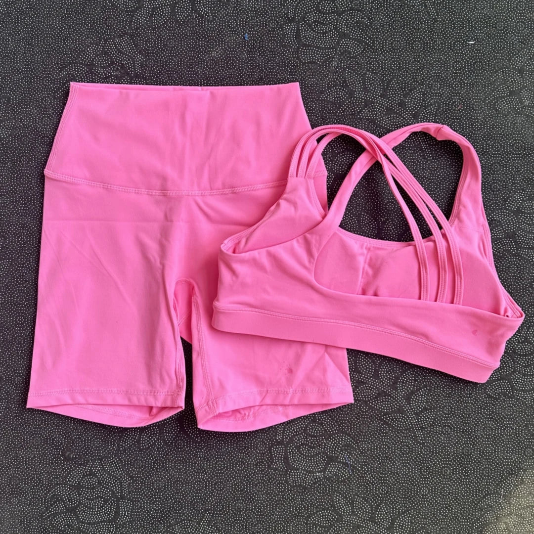 Solid Color Gym Yoga Set Short Legging Cross Back Shoulder Strap Sport Bra Tracksuit Women Suit Comprehensive Training Athletic