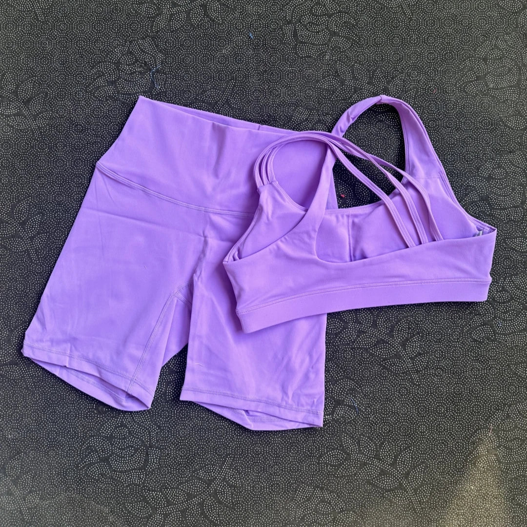 Solid Color Gym Yoga Set Short Legging Cross Back Shoulder Strap Sport Bra Tracksuit Women Suit Comprehensive Training Athletic