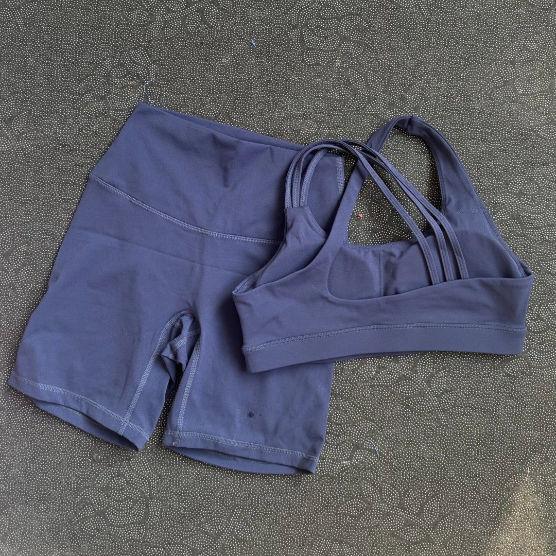 Solid Color Gym Yoga Set Short Legging Cross Back Shoulder Strap Sport Bra Tracksuit Women Suit Comprehensive Training Athletic