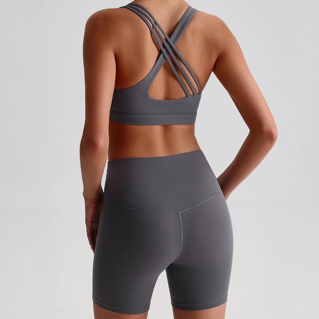 Solid Color Gym Yoga Set Short Legging Cross Back Shoulder Strap Sport Bra Tracksuit Women Suit Comprehensive Training Athletic