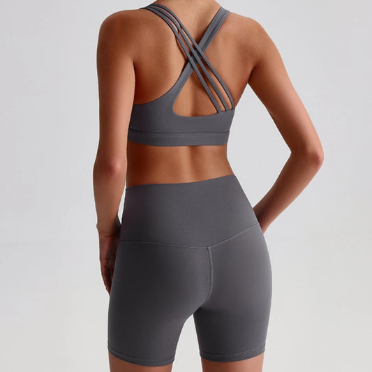 Solid Color Gym Yoga Set Short Legging Cross Back Shoulder Strap Sport Bra Tracksuit Women Suit Comprehensive Training Athletic