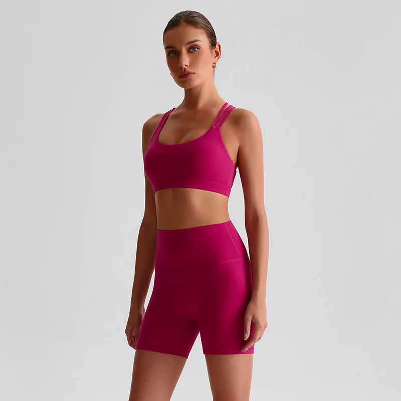 Solid Color Gym Yoga Set Short Legging Cross Back Shoulder Strap Sport Bra Tracksuit Women Suit Comprehensive Training Athletic