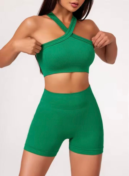Ensemble de Yoga 2 pièces, sensation nue, vêtements d'entraînement pour femmes, Shorts de Yoga taille haute et soutien-gorge de sport à bretelles, ensembles courts d'été