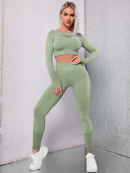 Exclusivité - Nouveaux ensembles  Yoga Wear sans couture pour femmes, ensemble de sport, dos ajouré, manches longues, effet galbant sur les hanches, mode fitness