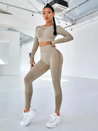 Exclusivité - Nouveaux ensembles  Yoga Wear sans couture pour femmes, ensemble de sport, dos ajouré, manches longues, effet galbant sur les hanches, mode fitness