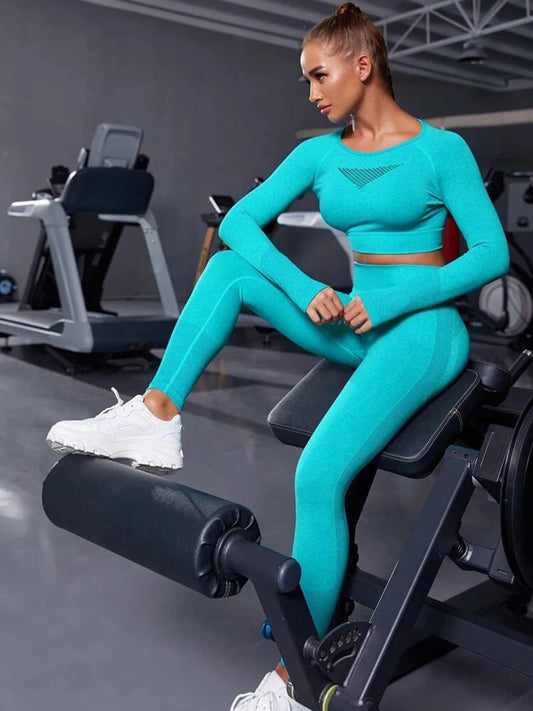 Exclusivité - Nouveaux ensembles  Yoga Wear sans couture pour femmes, ensemble de sport, dos ajouré, manches longues, effet galbant sur les hanches, mode fitness