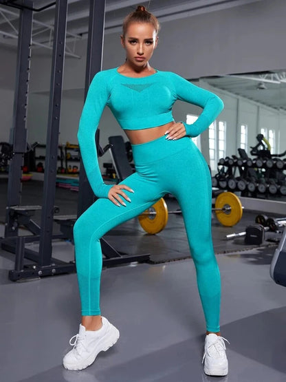 Exclusivité - Nouveaux ensembles  Yoga Wear sans couture pour femmes, ensemble de sport, dos ajouré, manches longues, effet galbant sur les hanches, mode fitness