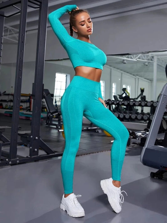 Exclusivité - Nouveaux ensembles  Yoga Wear sans couture pour femmes, ensemble de sport, dos ajouré, manches longues, effet galbant sur les hanches, mode fitness