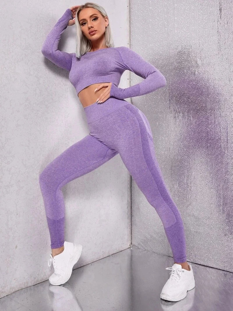 Exclusivité - Nouveaux ensembles  Yoga Wear sans couture pour femmes, ensemble de sport, dos ajouré, manches longues, effet galbant sur les hanches, mode fitness