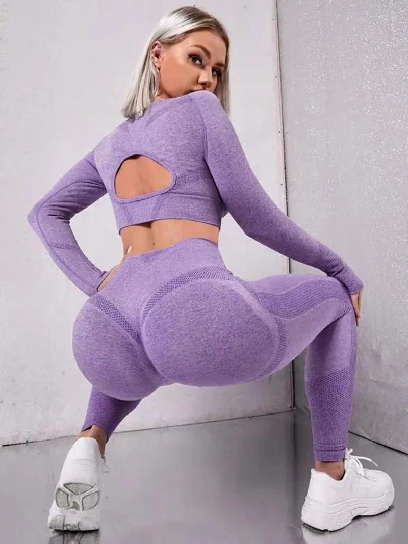 Exclusivité - Nouveaux ensembles  Yoga Wear sans couture pour femmes, ensemble de sport, dos ajouré, manches longues, effet galbant sur les hanches, mode fitness