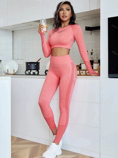 Exclusivité - Nouveaux ensembles  Yoga Wear sans couture pour femmes, ensemble de sport, dos ajouré, manches longues, effet galbant sur les hanches, mode fitness