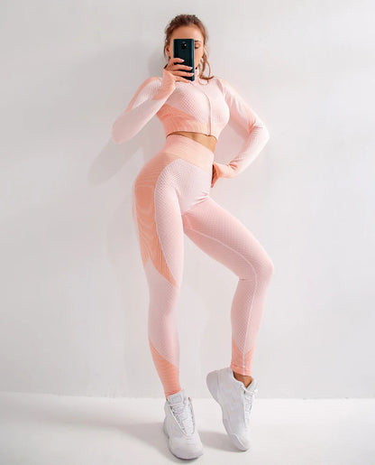 Ensemble féminin 2/3 pièces de yoga sans couture, maille, pantalon legging, vêtements avec fermeture éclair, haut court à manches longues, tenue fitness, ensemble pour salle de sport