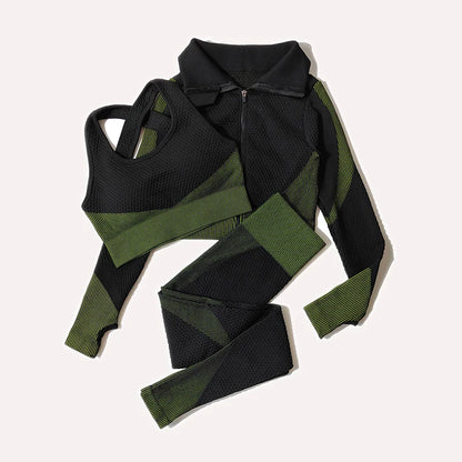 Ensemble féminin 2/3 pièces de yoga sans couture, maille, pantalon legging, vêtements avec fermeture éclair, haut court à manches longues, tenue fitness, ensemble pour salle de sport