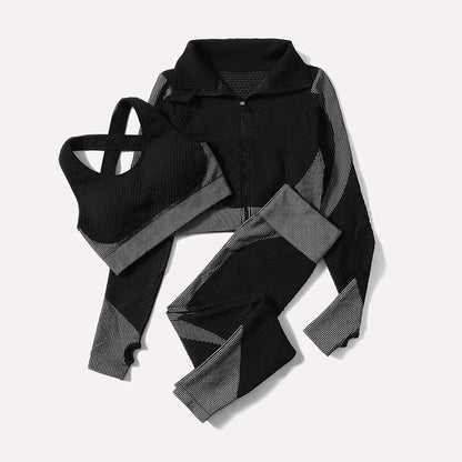 Ensemble féminin 2/3 pièces de yoga sans couture, maille, pantalon legging, vêtements avec fermeture éclair, haut court à manches longues, tenue fitness, ensemble pour salle de sport