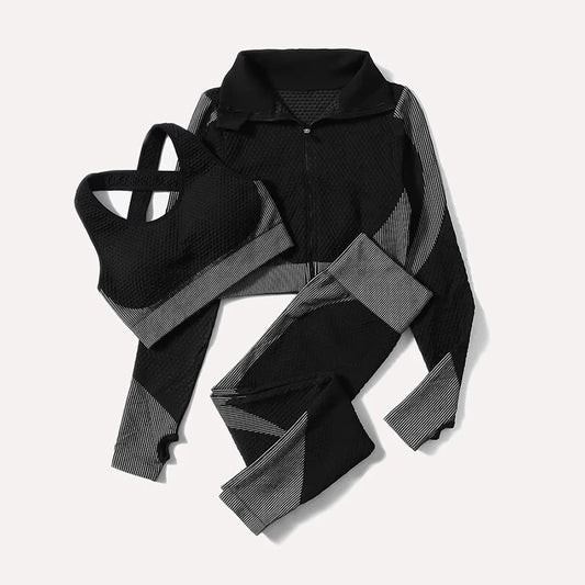 Ensemble féminin 2/3 pièces de yoga sans couture, maille, pantalon legging, vêtements avec fermeture éclair, haut court à manches longues, tenue fitness, ensemble pour salle de sport