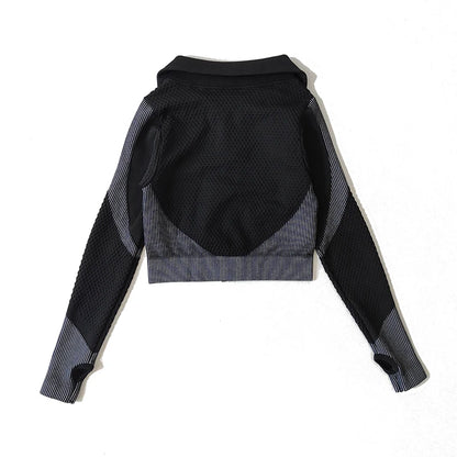 Ensemble féminin 2/3 pièces de yoga sans couture, maille, pantalon legging, vêtements avec fermeture éclair, haut court à manches longues, tenue fitness, ensemble pour salle de sport