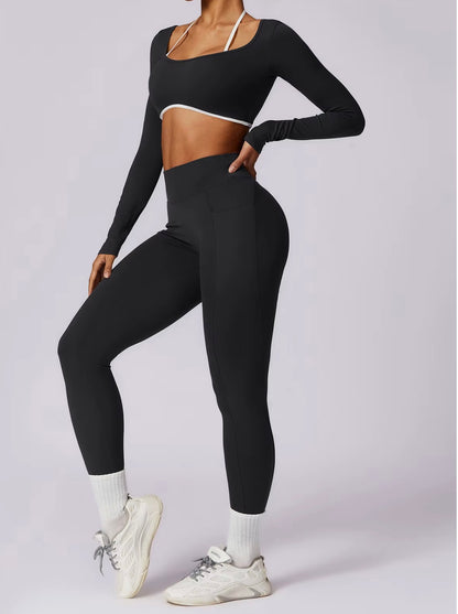 Ensemble de Yoga 2 pièces pour femmes, vêtements d'entraînement Push Up, vêtements de sport, Legging de gymnastique, soutien-gorge de Fitness, haut court, combinaisons de sport à manches longues