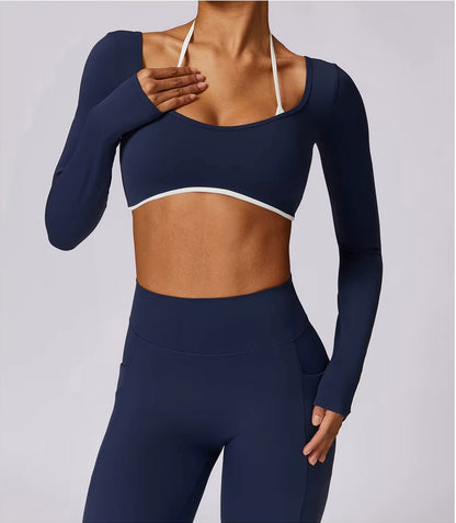 Ensemble de Yoga 2 pièces pour femmes, vêtements d'entraînement Push Up, vêtements de sport, Legging de gymnastique, soutien-gorge de Fitness, haut court, combinaisons de sport à manches longues