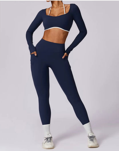 Ensemble de Yoga 2 pièces pour femmes, vêtements d'entraînement Push Up, vêtements de sport, Legging de gymnastique, soutien-gorge de Fitness, haut court, combinaisons de sport à manches longues