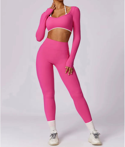 Ensemble de Yoga 2 pièces pour femmes, vêtements d'entraînement Push Up, vêtements de sport, Legging de gymnastique, soutien-gorge de Fitness, haut court, combinaisons de sport à manches longues