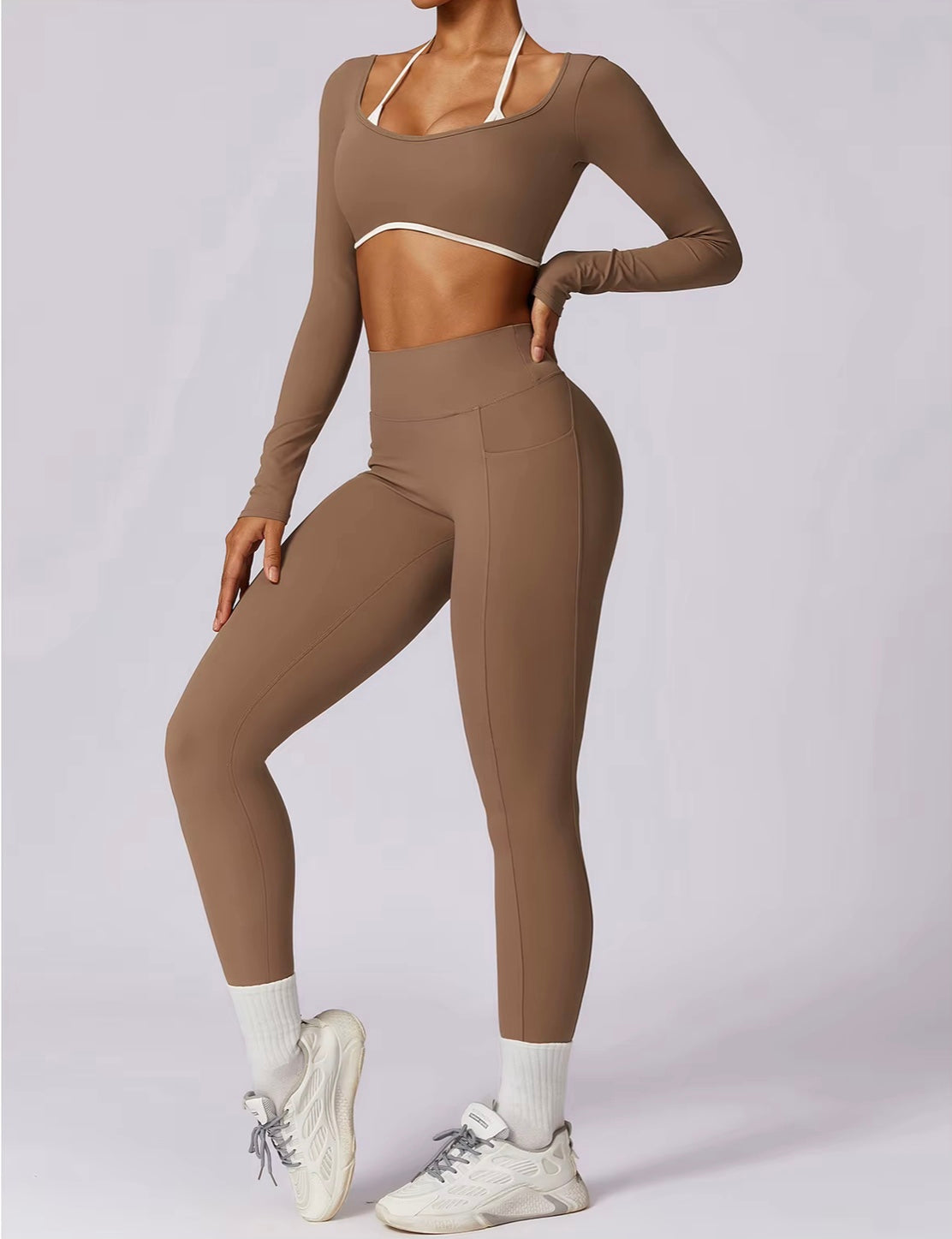 Ensemble de Yoga 2 pièces pour femmes, vêtements d'entraînement Push Up, vêtements de sport, Legging de gymnastique, soutien-gorge de Fitness, haut court, combinaisons de sport à manches longues