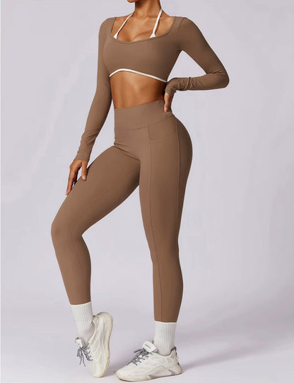 Ensemble de Yoga 2 pièces pour femmes, vêtements d'entraînement Push Up, vêtements de sport, Legging de gymnastique, soutien-gorge de Fitness, haut court, combinaisons de sport à manches longues